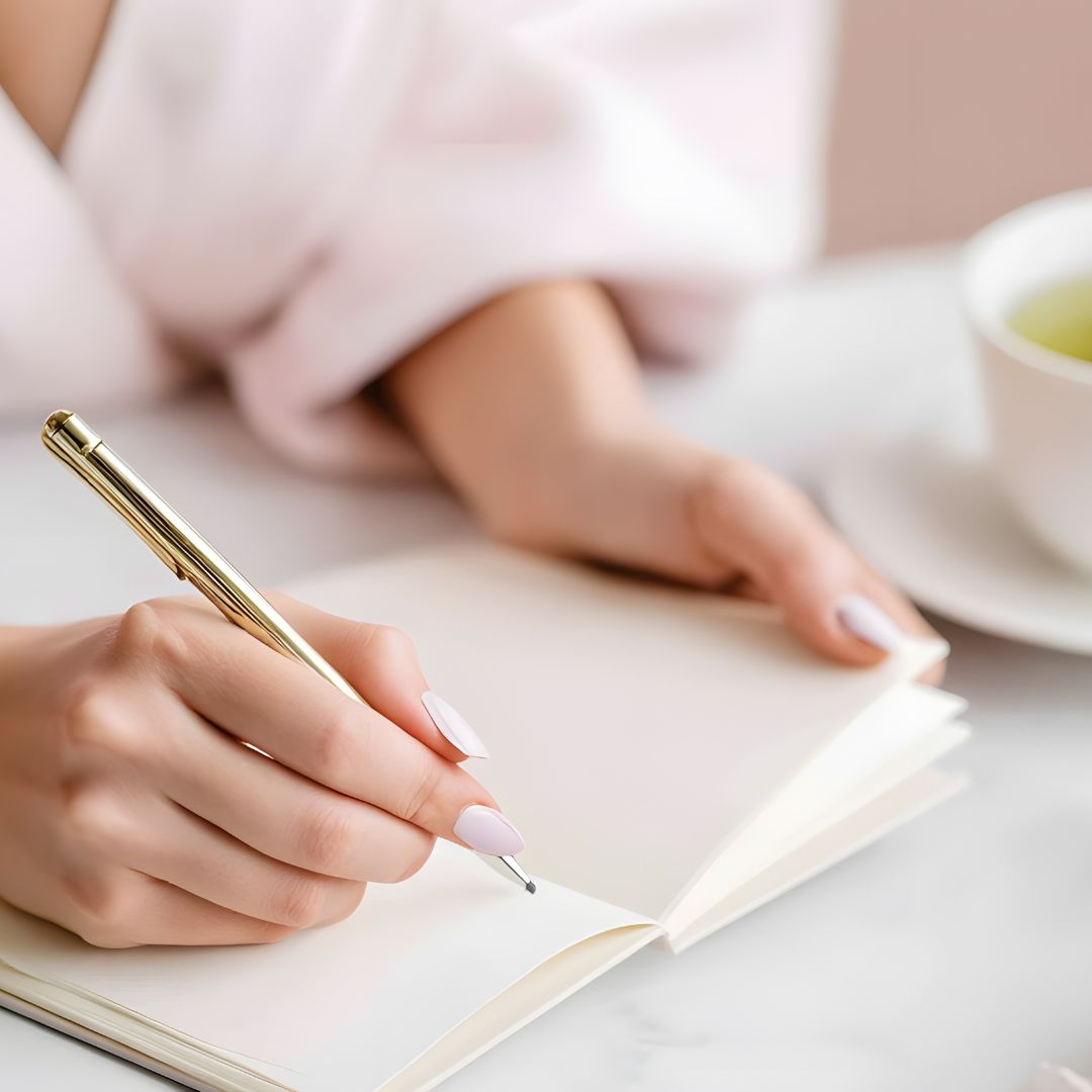 Woman sitting with a journal and cup of tea, reflecting on her menstrual cycle
